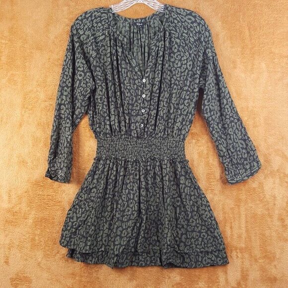 RAILS Womens Dress Small Green Pullover Smocked JASMINE Olive Batik Cheetah - Picture 4 of 11